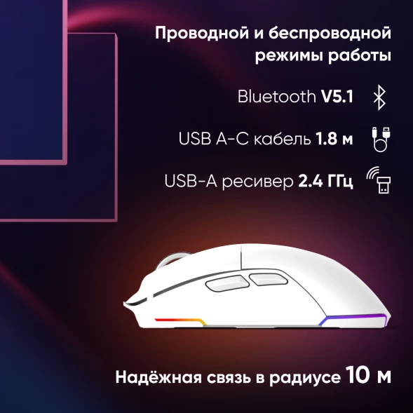 Мышь Оклик 900GMW белый оптическая 26000dpi беспров. BT/Radio USB 6but