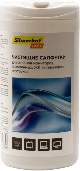 Салфетки Silwerhof DAILY для экранов мониторов/плазменных/ЖК телевизоров/ноутбуков туба 100шт влажных