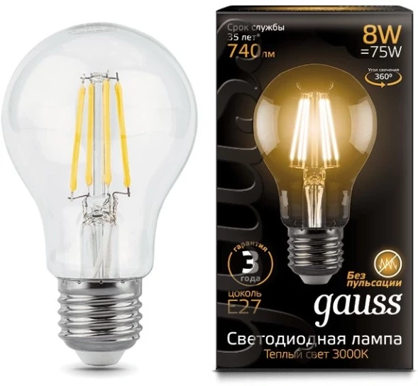 Лампа филам. Gauss Filament A60 8Вт цок.:E27 груша 220B 2700K св.свеч.бел.теп. (упак.:1шт) (102802108)