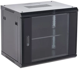 Шкаф коммутационный Rexant (04-0964-112) настенный 9U 600x450мм пер.дв.стекл металл 2 бок.пан. направл.под винты 60кг черный 13.75кг 230град. 501мм IP20 сталь