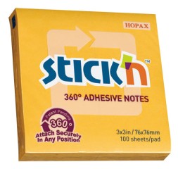 Блок самоклеящийся бумажный Stick`n 21551 76x76мм 100лист. 70г/м2 оранжевый клей по периметру