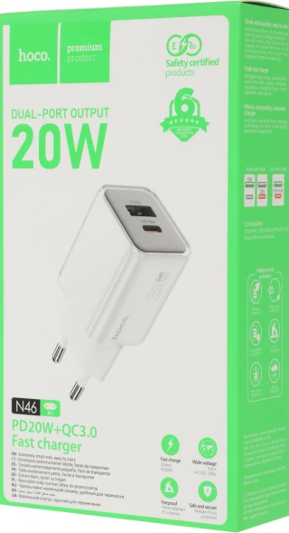 Сетевое зар./устр. Hoco N46 Glorious 20W 3A (PD+QC+AFC) USB-A/Type-C универсальное белый (35301)