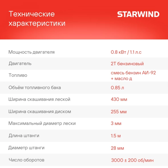 Триммер бензиновый Starwind GT-33 800Вт 1.1л.с. неразбор.штан. реж.эл.:леска/нож