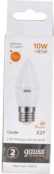 Лампа светодиодная Gauss Elementary 30210 10Вт цок.:E27 свеча 220B св.свеч.бел.теп. (упак.:1шт)