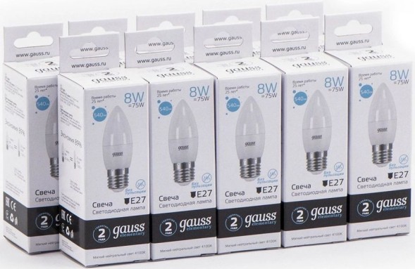 Лампа светодиодная Gauss Elementary 8Вт цок.:E27 свеча 220B 4100K св.свеч.бел.нейт. C37 (упак.:10шт) (33228)