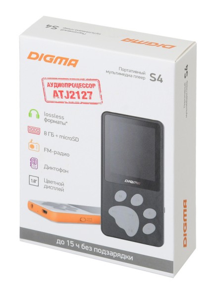 Плеер Hi-Fi Flash Digma S4 8Gb белый/оранжевый/1.8&amp;quot;/FM/microSDHC