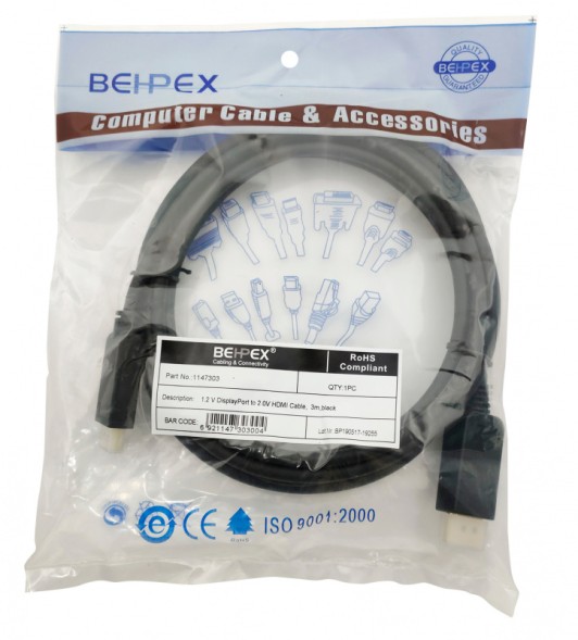 Кабель 1.2v ver2.0 DisplayPort (m) HDMI (m) 3м черный