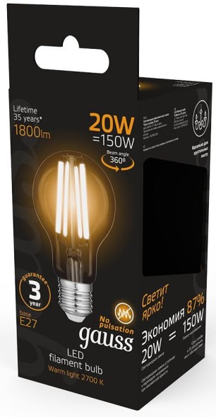 Лампа светодиодная Gauss Filament 102902120 20Вт цок.:E27 груша 220B 2700K св.свеч.бел.теп. (упак.:1шт)