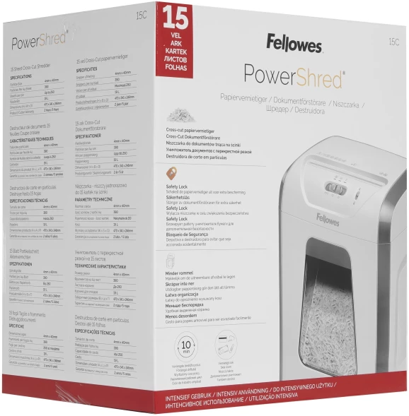 Шредер Fellowes PowerShred 15С белый (секр.P-4) фрагменты 15лист. 19лтр. скрепки скобы пл.карты