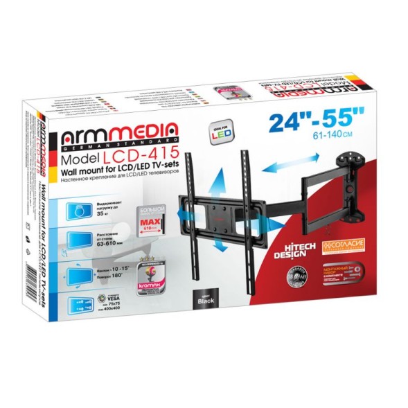 Кронштейн для телевизора Arm Media LCD-415 черный 24&amp;quot;-55&amp;quot; макс.35кг настенный поворотно-выдвижной и наклонный