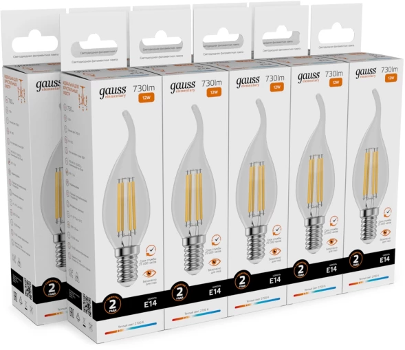 Лампа филам. Gauss Filament 12Вт цок.:E14 свеча 220B св.свеч.бел.теп. (упак.:10шт) (42112)
