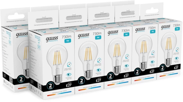 Лампа филам. Gauss Filament 9Вт цок.:E27 груша 220B св.свеч.бел.нейт. (упак.:10шт) (22229)