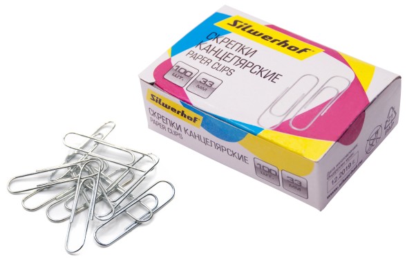 Скрепки Silwerhof 491038 металл оцинкованные 33мм (упак.:100шт) картонная коробка