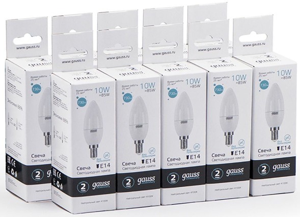 Лампа светодиодная Gauss Elementary 10Вт цок.:E14 свеча 220B 4100K св.свеч.бел.нейт. C37 (упак.:10шт) (33120)