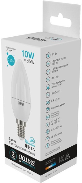 Лампа светодиодная Gauss Elementary 10Вт цок.:E14 свеча 220B 4100K св.свеч.бел.нейт. C37 (упак.:10шт) (33120)