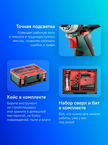 Дрель-шуруповерт Metabo Powermaxx BS Basic Set аккум. патрон:быстрозажимной (кейс в комплекте) (600080710)