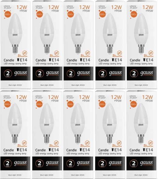 Лампа светодиодная Gauss Elementary 12Вт цок.:E14 свеча 220B 3000K св.свеч.бел.теп. C37 (упак.:10шт) (33112)