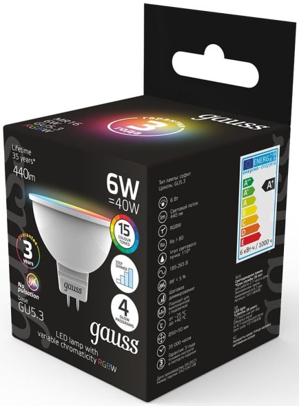 Лампа светодиодная Gauss 101105406 6Вт цок.:GU5.3 софит 175B св.свеч.RGB MR16 (упак.:1шт)