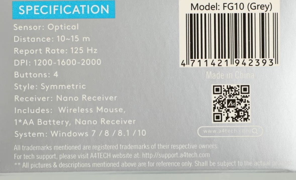 Мышь A4Tech Fstyler FG10 черный/серый оптическая (2000dpi) беспроводная USB (4but)