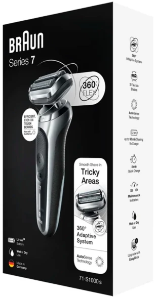 Бритва сетчатая Braun Series 7 71-S1000s реж.эл.:3 питан.:аккум. серебристый/черный