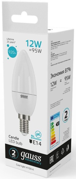 Лампа светодиодная Gauss Elementary 12Вт цок.:E14 свеча 220B 4100K св.свеч.бел.нейт. C37 (упак.:10шт) (33122)
