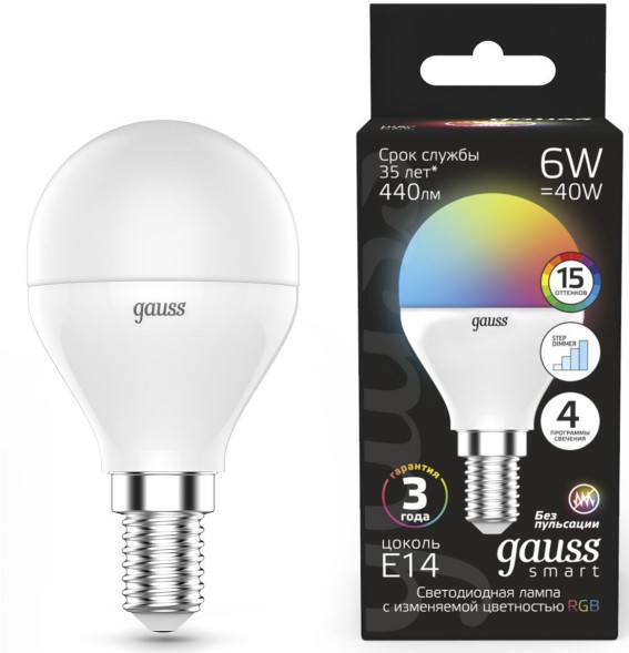 Лампа светодиодная Gauss 105101406 6Вт цок.:E14 шар 220B св.свеч.RGB (упак.:1шт)