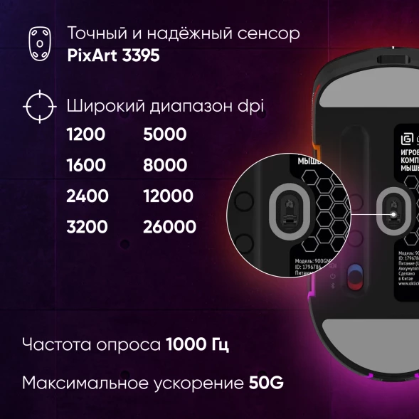 Мышь Оклик 900GMW черный оптическая 26000dpi беспров. BT/Radio USB 6but (1796786)
