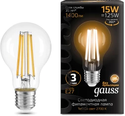 Лампа светодиодная Gauss Filament 102902115 15Вт цок.:E27 груша 220B св.свеч.бел.теп. (упак.:10шт)