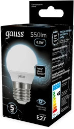 Лампа светодиодная Gauss 6.5Вт цок.:E27 шар 220B св.свеч.бел.нейт. P45 (упак.:10шт) (105102207)