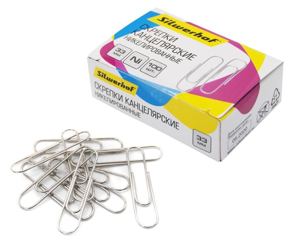Скрепки Silwerhof никель 33мм (упак.:100шт) картонная коробка