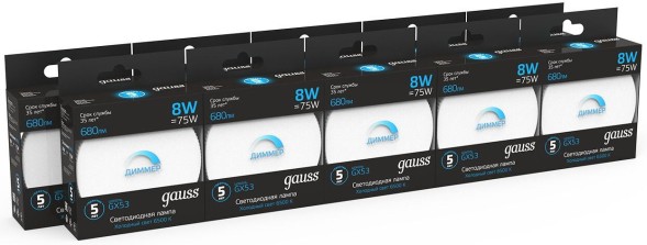 Лампа светодиодная Gauss 108408308-D 8Вт цок.:GX53 таблетка 220B 6500K св.свеч.бел.хол. (упак.:1шт)
