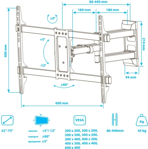 Кронштейн для телевизора Kromax CORBEL-10 титан 32&amp;quot;-75&amp;quot; макс.45кг настенный поворот и наклон