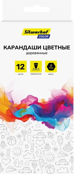 Карандаши цв. Silwerhof Color 2.8мм шестигран. дерево ассорти 12цв. коробка/европод.