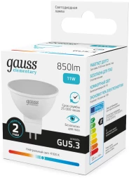 Лампа светодиодная Gauss Elementary 13521 11Вт цок.:GU5.3 софит 220B св.свеч.бел.нейт. MR16 (упак.:10шт)