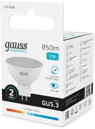 Лампа светодиодная Gauss Elementary 13521 11Вт цок.:GU5.3 софит 220B св.свеч.бел.нейт. MR16 (упак.:10шт)