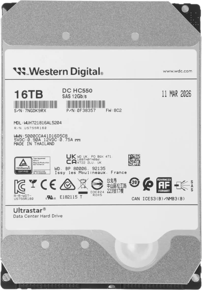 Жесткий диск WD SAS 3.0 16TB 0F38357 WUH721816AL5204 Ultrastar DC HC550 4KN (7200rpm) 512Mb 3.5&amp;quot;
