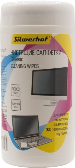 Салфетки Silwerhof Classic для экранов мониторов/плазменных/ЖК телевизоров/ноутбуков туба 100шт влажных