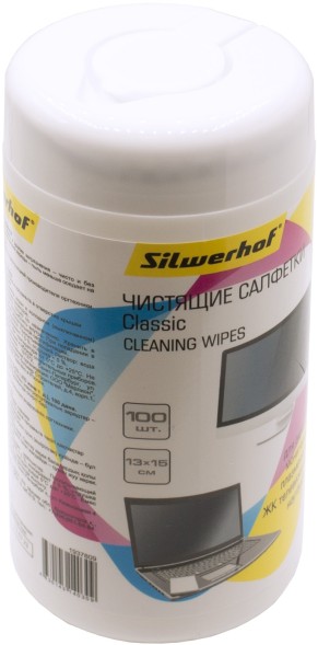 Салфетки Silwerhof Classic для экранов мониторов/плазменных/ЖК телевизоров/ноутбуков туба 100шт влажных
