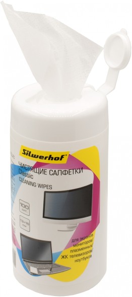 Салфетки Silwerhof Classic для экранов мониторов/плазменных/ЖК телевизоров/ноутбуков туба 100шт влажных