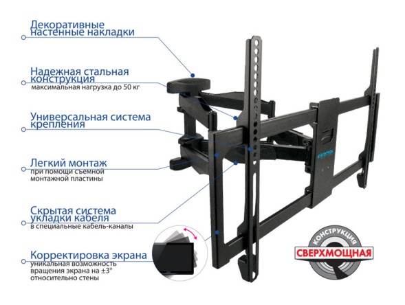 Кронштейн для телевизора Kromax ATLANTIS-35 new черный 22&amp;quot;-65&amp;quot; макс.50кг настенный поворотно-выдвижной и наклонный