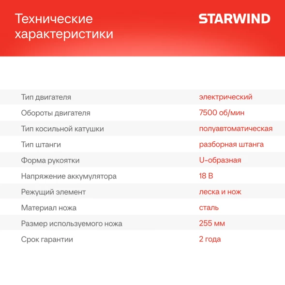 Триммер электрический Starwind SBG-300.20-4.4 аккум. разбор.штан. реж.эл.:леска/нож