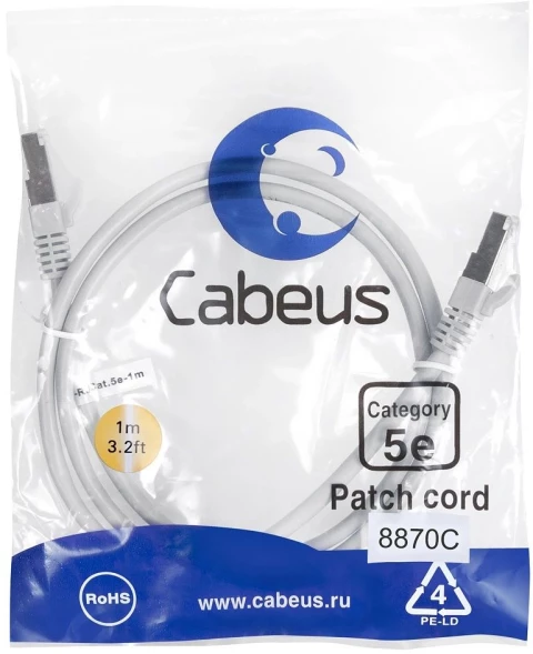 Патч-корд Cabeus PC-FTP-RJ45-CAT.5E-1M-LSZH F/UTP RJ-45 вил.-вилка RJ-45 кат.5E 1м серый LSZH