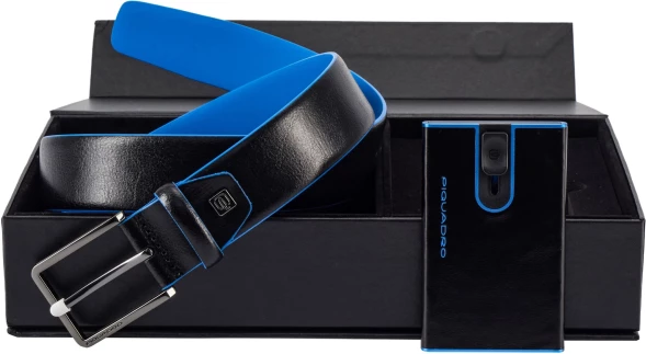 Набор подарочный мужской Piquadro Blue Square CUBOX15B2R/N ремень/чехол для кредитных карт 125х3.5см черный натур.кожа