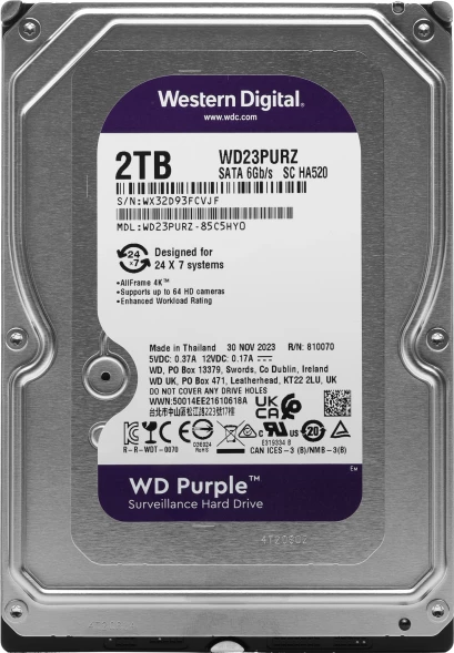 Жесткий диск WD SATA-III 2TB WD23PURZ Surveillance Purple (5400rpm) 64Mb 3.5&amp;quot;