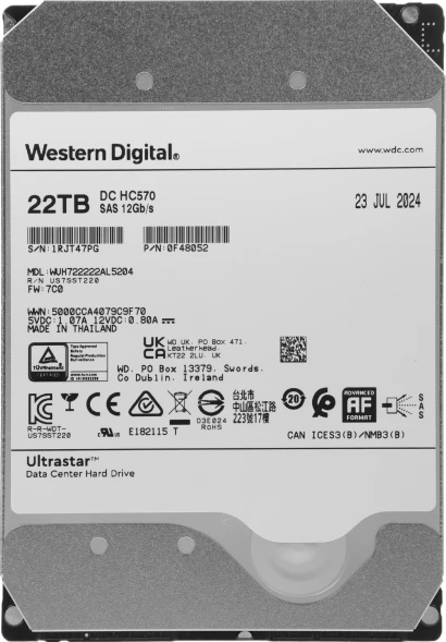 Жесткий диск WD SAS 3.0 22TB 0F48052 WUH722222AL5204 Server Ultrastar DC HC570 512E (7200rpm) 512Mb 3.5&amp;quot;
