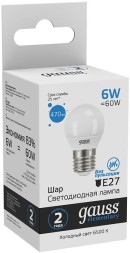 Лампа светодиодная Gauss Elementary 6Вт цок.:E27 шар 220B 6500K св.свеч.бел.хол. (упак.:10шт) (53236)