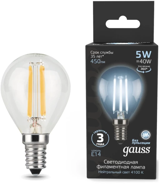 Лампа филам. Gauss Filament 5Вт цок.:E14 свеча 220B св.свеч.бел.нейт. (упак.:10шт) (105801205)