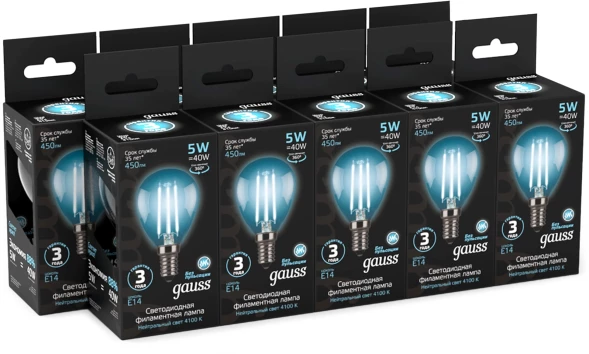 Лампа филам. Gauss Filament 5Вт цок.:E14 свеча 220B св.свеч.бел.нейт. (упак.:10шт) (105801205)