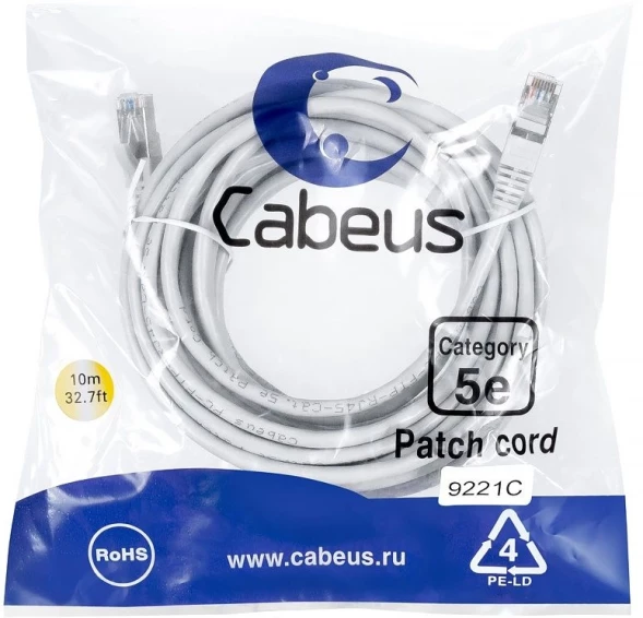 Патч-корд Cabeus PC-FTP-RJ45-CAT.5E-10M-LSZH F/UTP RJ-45 вил.-вилка RJ-45 кат.5E 10м серый LSZH