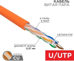 Кабель информационный Rexant 01-0050 кат.6 UTP 4 пары нг(А)-HF внутренний 305м оранжевый